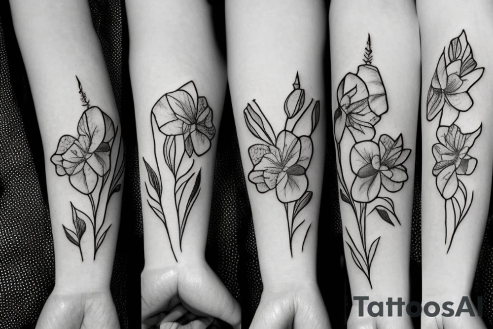 Small bouquet with one rose in the middle, one daffodil, and one gladiolus, each on a stem tattoo idea