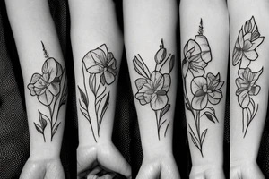 Small bouquet with one rose in the middle, one daffodil, and one gladiolus, each on a stem tattoo idea