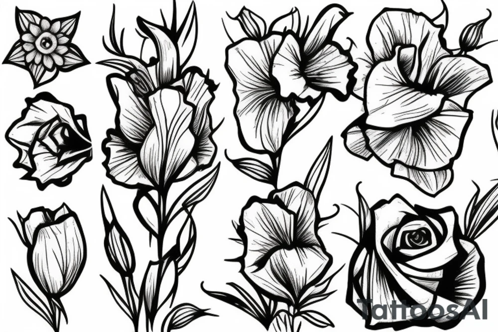 Small bouquet with one rose in the middle, one daffodil, and one gladiolus, each on a stem tattoo idea