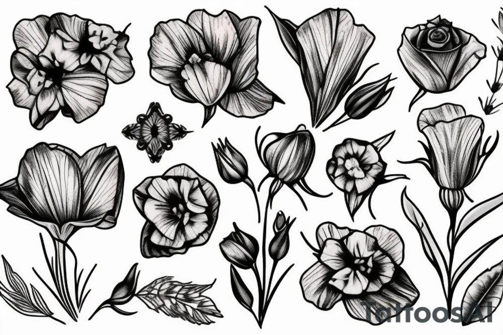 Small bouquet with one rose in the middle, one daffodil, and one gladiolus, each on a stem tattoo idea