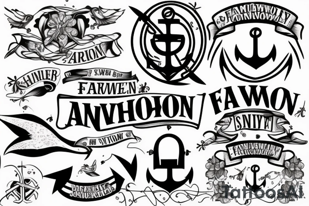 anchor with banner that says FAMILY,  one swallow with banner that says LOGSDON,  one swallow with banner that says PROMEN tattoo idea