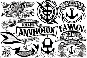 anchor with banner that says FAMILY,  one swallow with banner that says LOGSDON,  one swallow with banner that says PROMEN tattoo idea