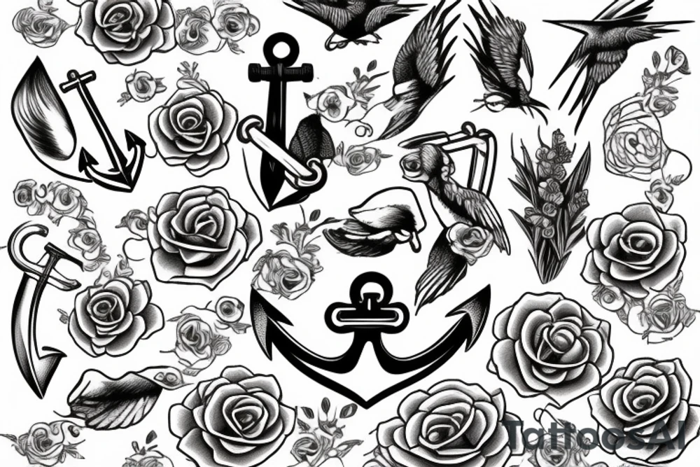 anchor with swallows and roses tattoo idea