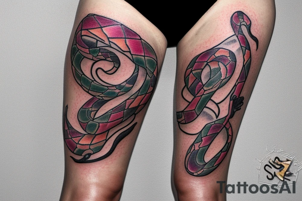 Snake on thigh perl color tattoo idea