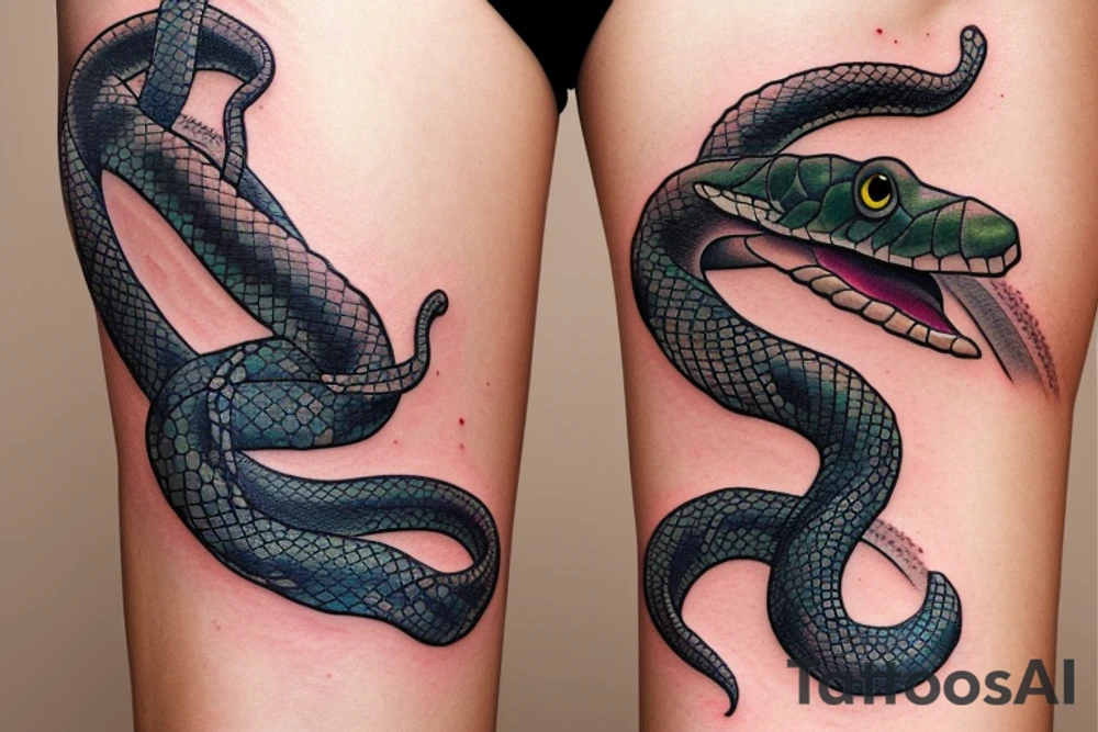 Snake on thigh white perl color tattoo idea