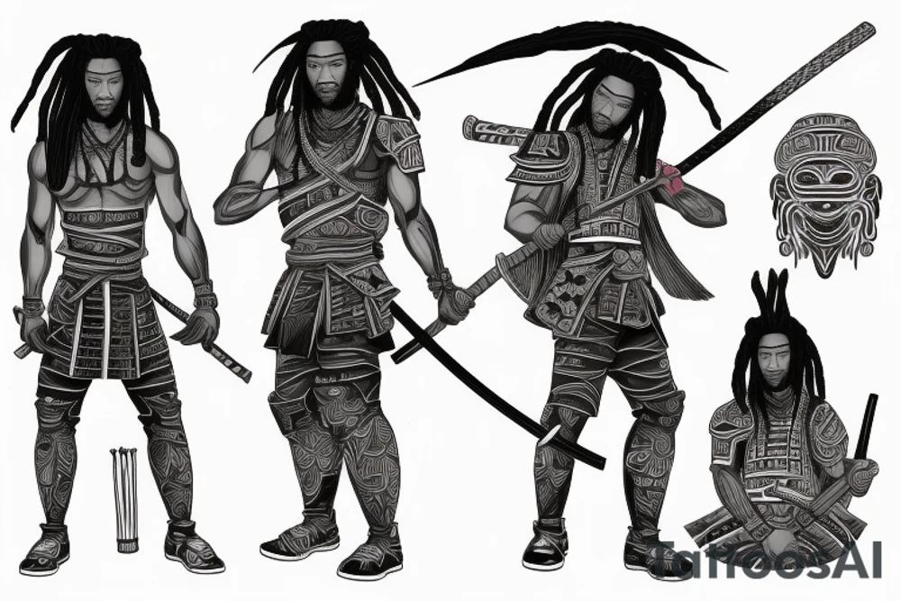 African samurai with dreads wearing samurai armor ,with his katana out tattoo idea
