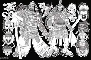African samurai with dreads wearing samurai armor ,with his katana out tattoo idea