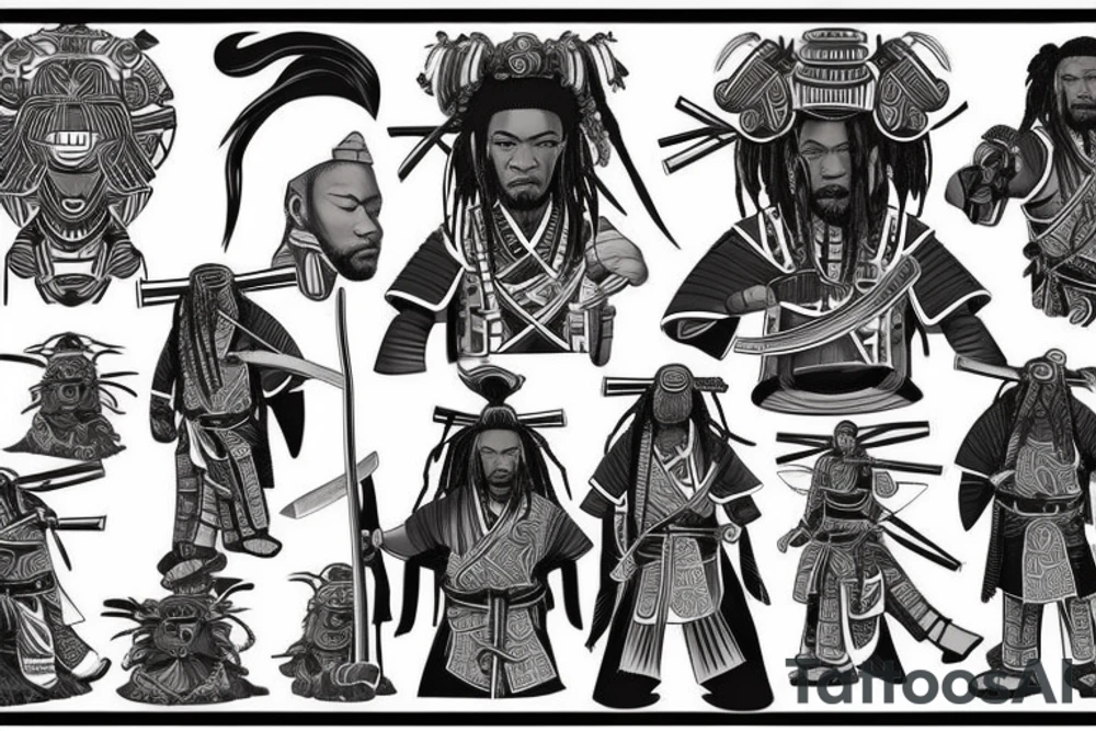 African samurai with dreads wearing samurai armor ,with his katana out tattoo idea
