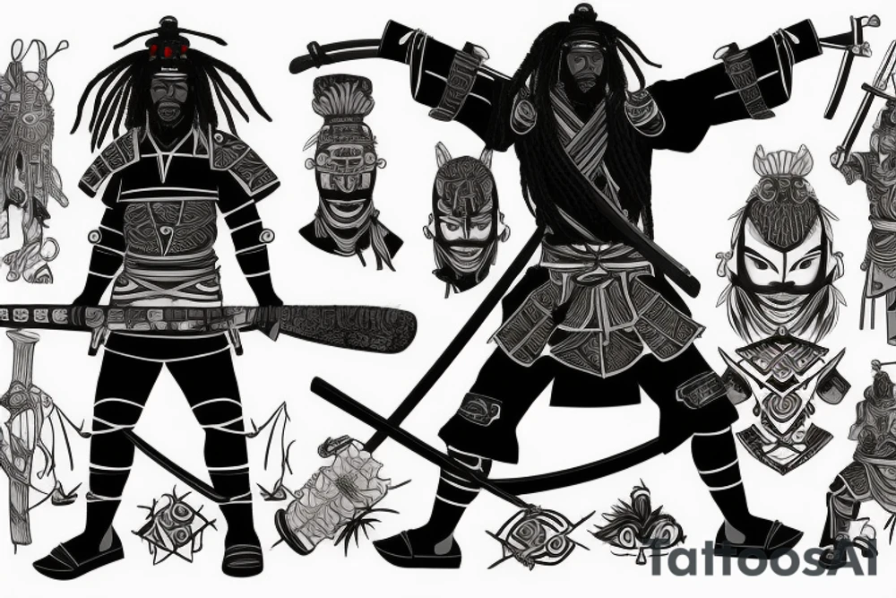African samurai with dreads wearing samurai armor ,with his katana out tattoo idea