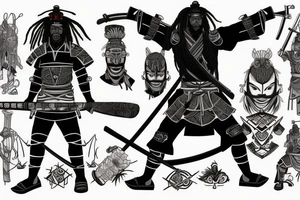 African samurai with dreads wearing samurai armor ,with his katana out tattoo idea