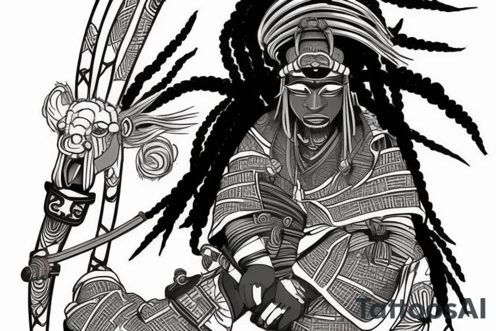 African samurai with dreads wearing samurai armor and oni mask tattoo idea