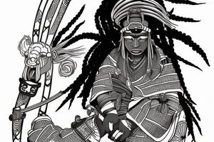 African samurai with dreads wearing samurai armor and oni mask tattoo idea
