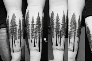 Pine trees looking to clouds tattoo idea