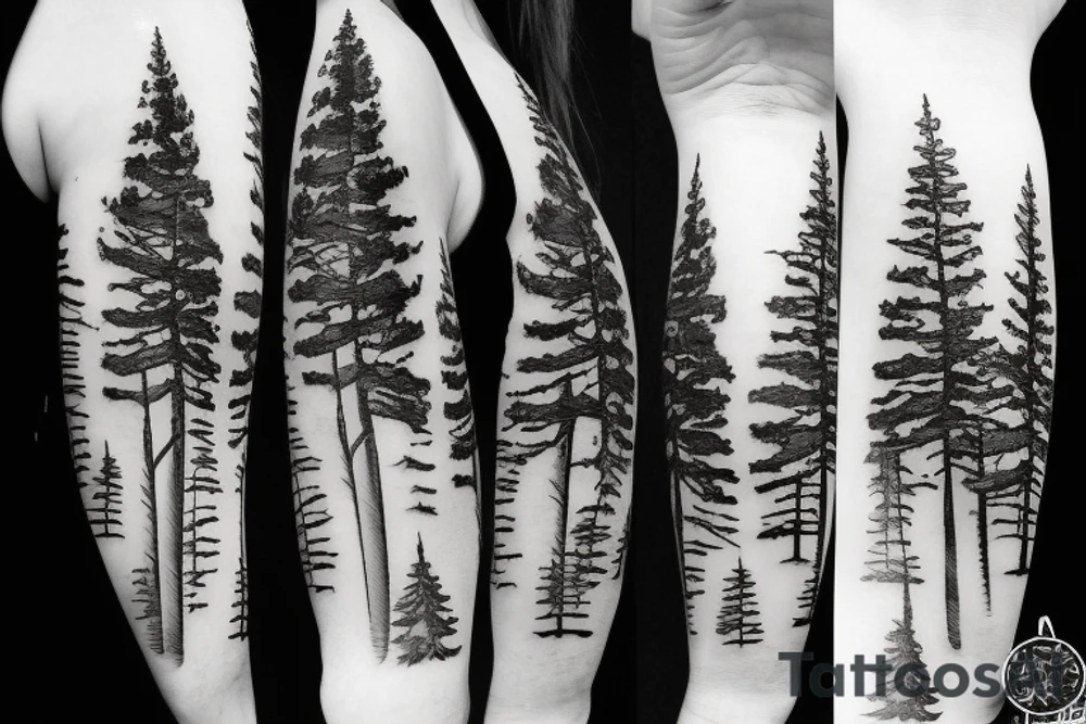 Pine trees looking to clouds tattoo idea
