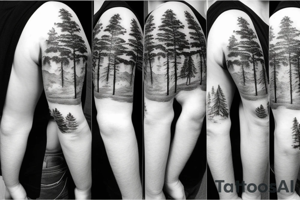 Pine trees looking to clouds tattoo idea