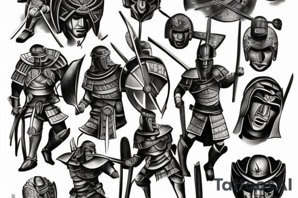 Spartan fighting samurai tattoo idea