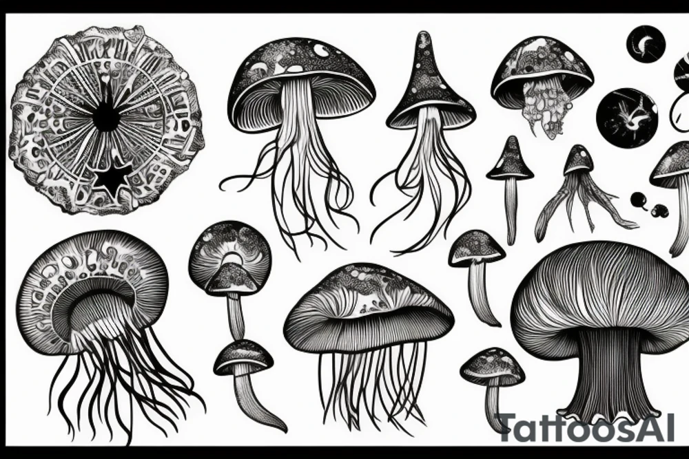 Astrology, mushrooms, jellyfish, crystals tattoo idea