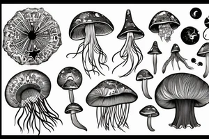 Astrology, mushrooms, jellyfish, crystals tattoo idea