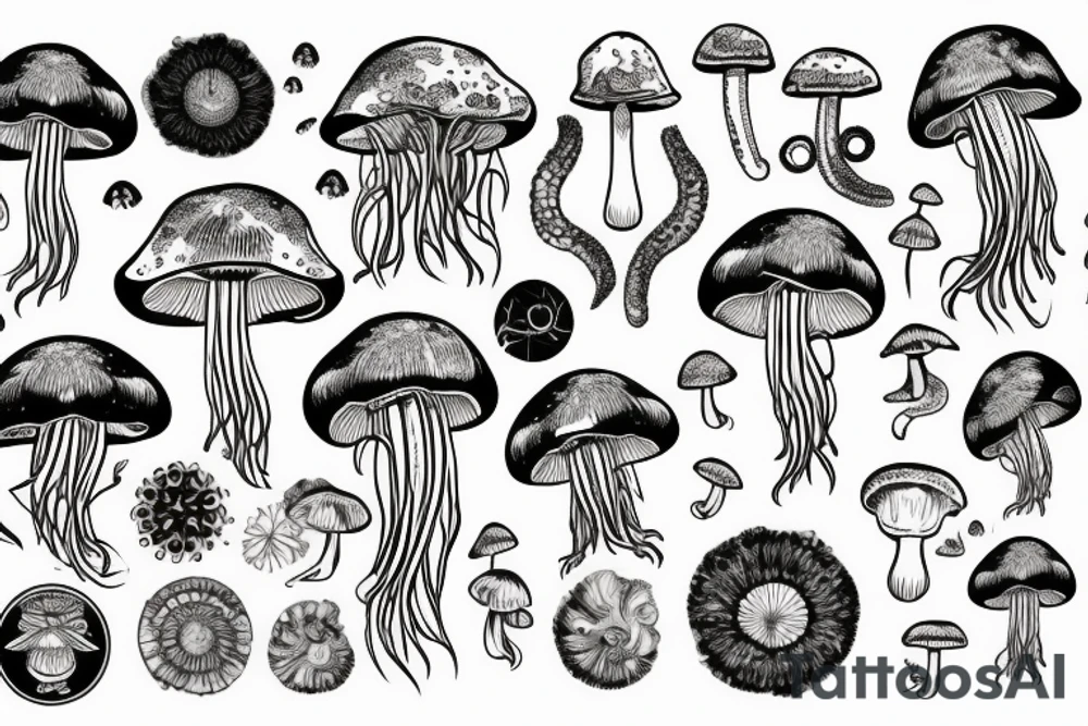 Astrology, mushrooms, jellyfish, crystals tattoo idea