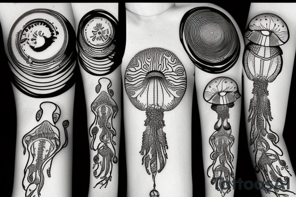 Astrology, mushrooms, jellyfish, crystals tattoo idea