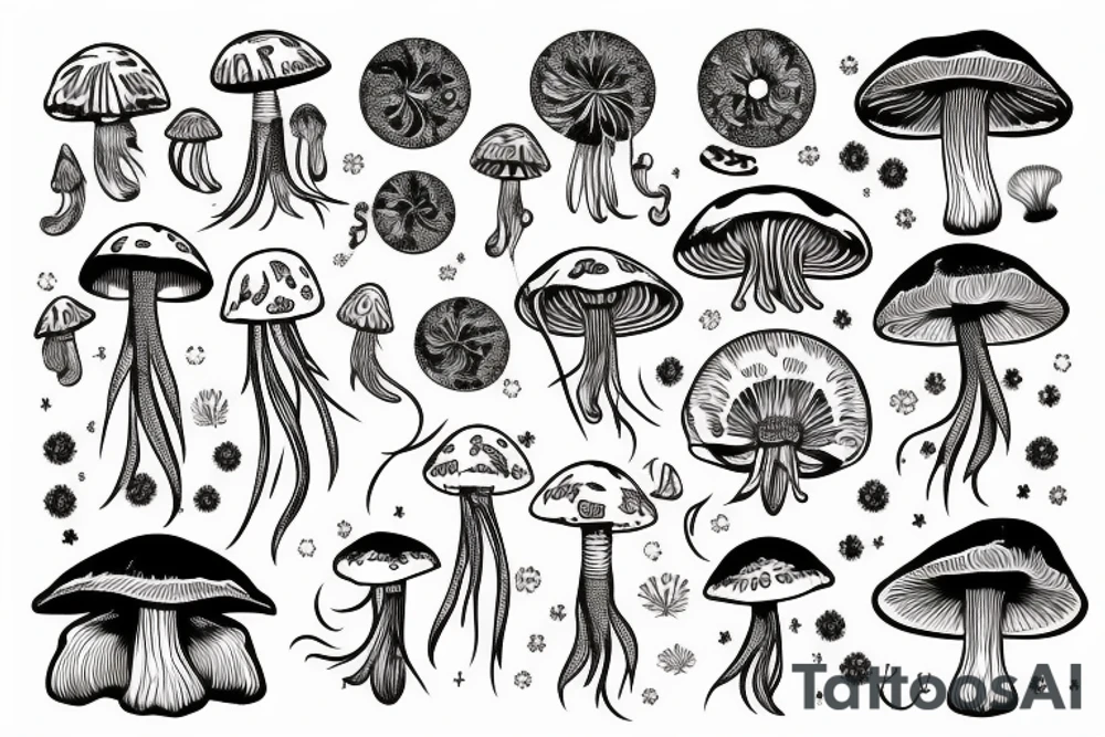 Astrology, mushrooms, jellyfish, crystals tattoo idea