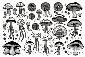 Astrology, mushrooms, jellyfish, crystals tattoo idea