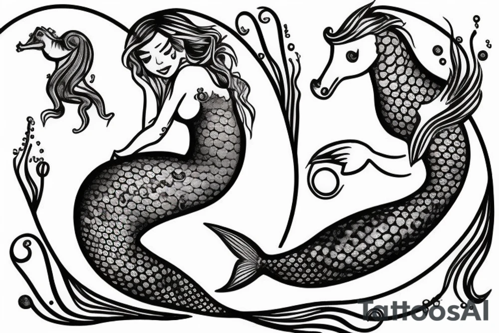 Mermaid on anchor with seahorse and pearls tattoo idea