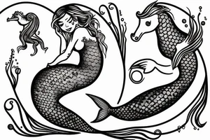 Mermaid on anchor with seahorse and pearls tattoo idea