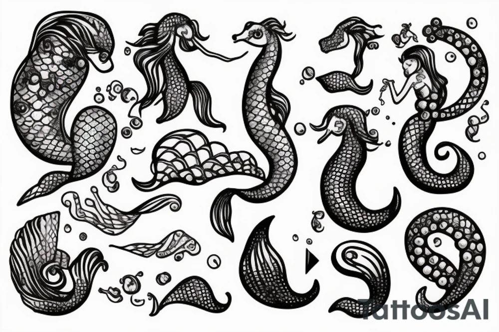 Mermaid on anchor with seahorse and pearls tattoo idea