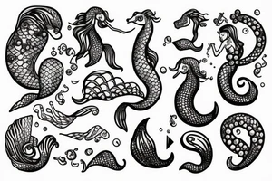 Mermaid on anchor with seahorse and pearls tattoo idea