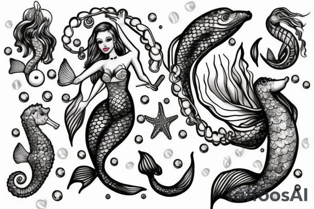 Mermaid on anchor with seahorse and pearls tattoo idea
