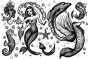 Mermaid on anchor with seahorse and pearls tattoo idea