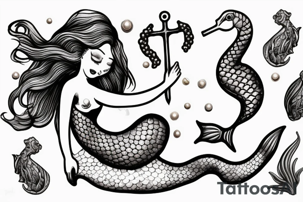 Realistic Mermaid sitting on anchor holding seahorse and pearls tattoo idea