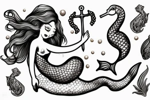 Realistic Mermaid sitting on anchor holding seahorse and pearls tattoo idea