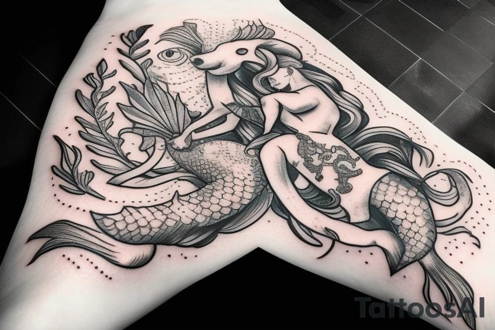 Realistic Mermaid sitting on anchor holding seahorse and pearls tattoo idea