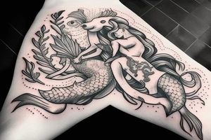 Realistic Mermaid sitting on anchor holding seahorse and pearls tattoo idea