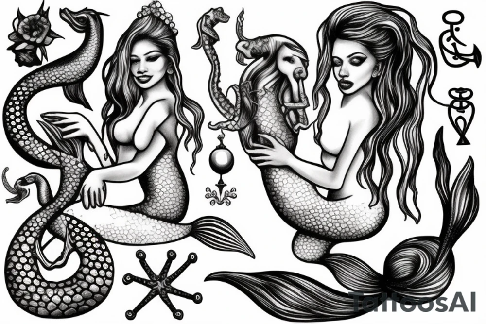 Realistic Mermaid sitting on anchor holding seahorse and pearls tattoo idea
