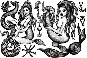 Realistic Mermaid sitting on anchor holding seahorse and pearls tattoo idea