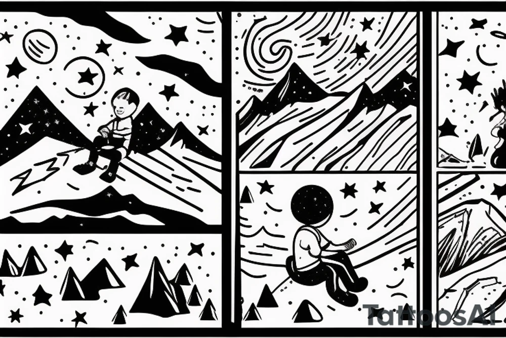A boy Seating on a mountain clif looking at the stars and space tattoo idea
