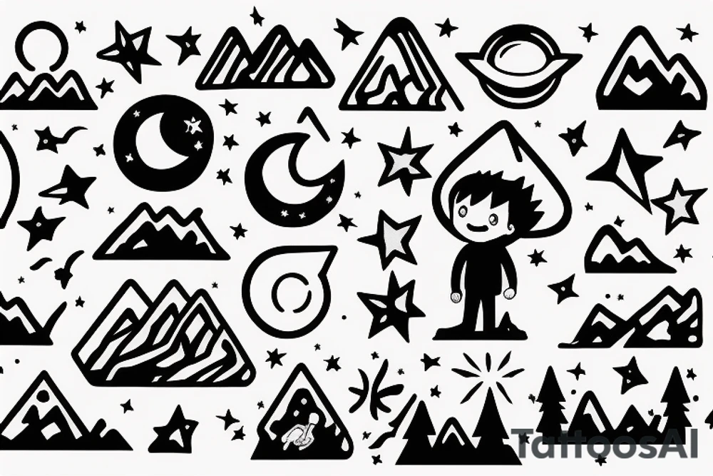 A boy Seating on a mountain clif looking at the stars and space tattoo idea