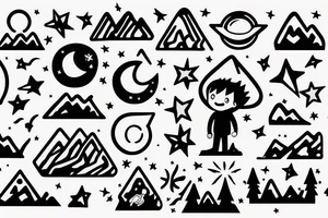 A boy Seating on a mountain clif looking at the stars and space tattoo idea