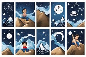 A boy Seating on a mountain clif looking at the stars and space tattoo idea