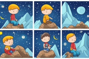 A boy Seating on a mountain clif looking at the stars and space tattoo idea