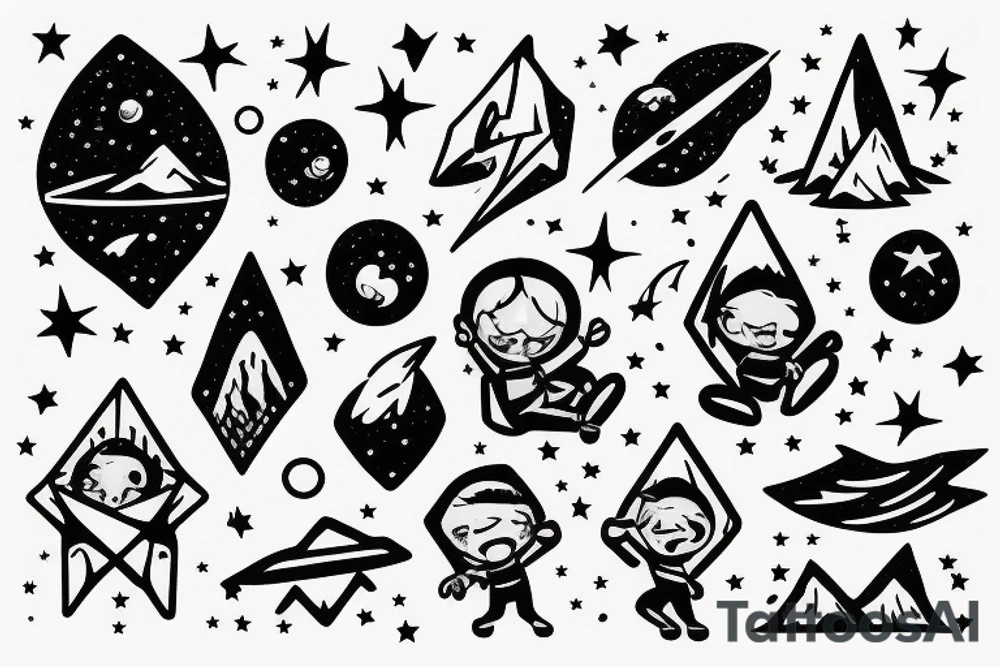 A boy Seating on a mountain clif looking at the stars and space tattoo idea