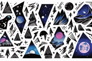 A boy Seating on a mountain clif looking at the stars and space tattoo idea