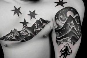 A boy Seating on a mountain clif looking at the stars and space tattoo idea