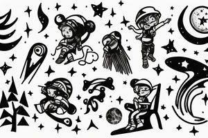 A boy Seating on a mountain clif looking at the stars and space tattoo idea