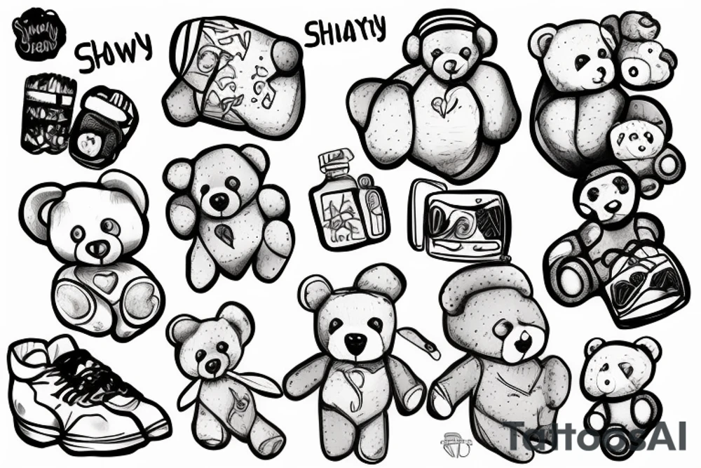 The word Shawtyyy with a teddy bear next to it tattoo idea