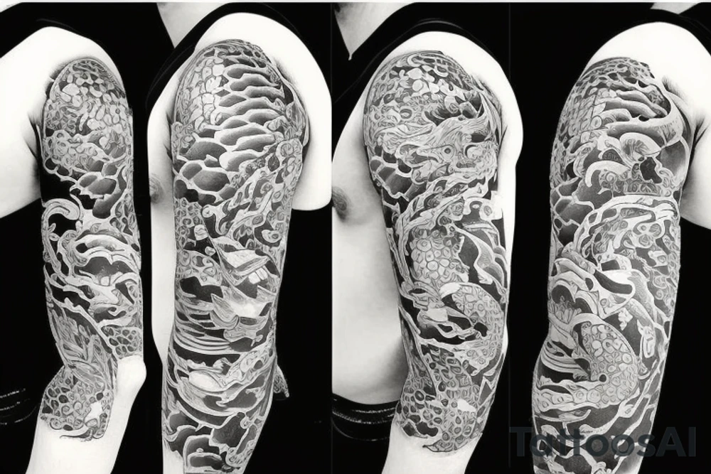 traditional sleeve tattoo with 3 koi fish tattoo idea