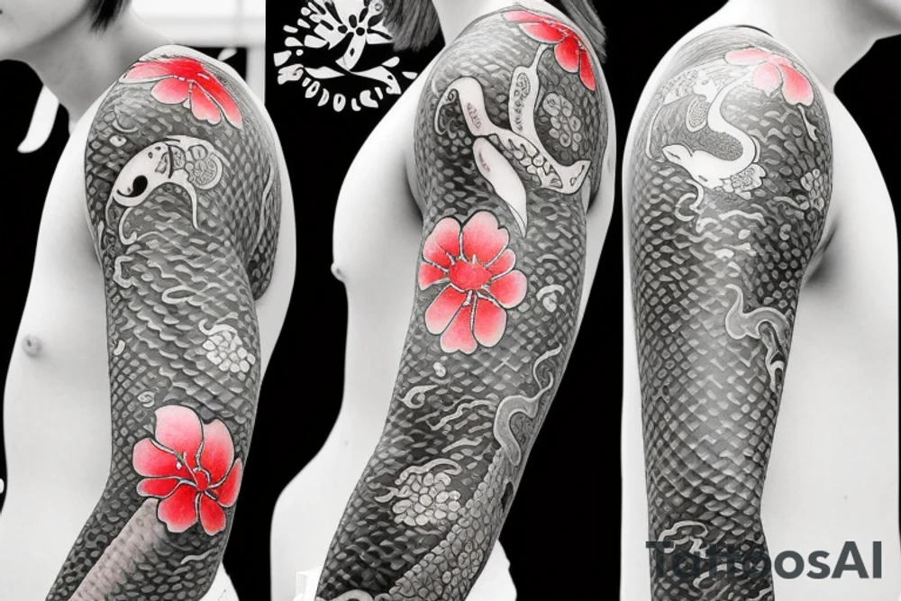 traditional full sleeve tattoo with 3 koi fish with color Japanese's flower tattoo idea